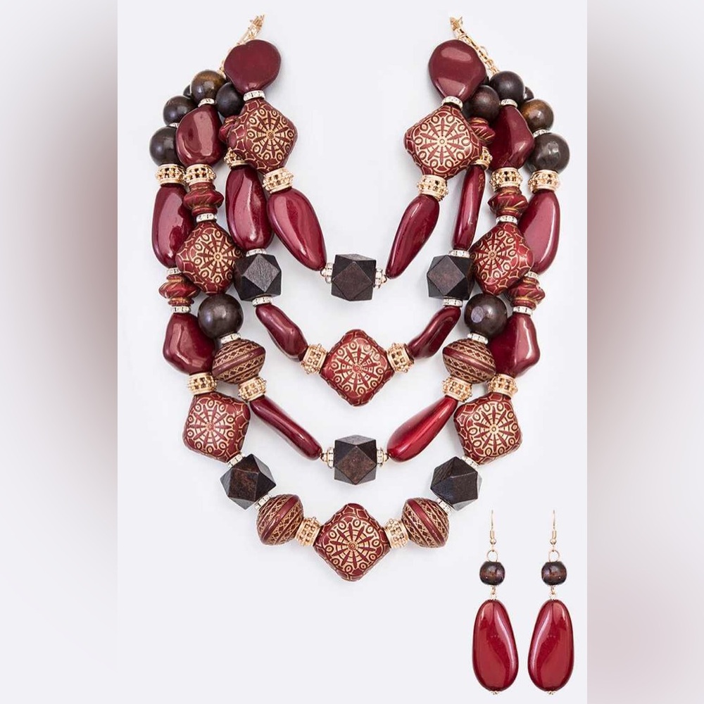 Burgundy Wooden Bib Statement Necklace